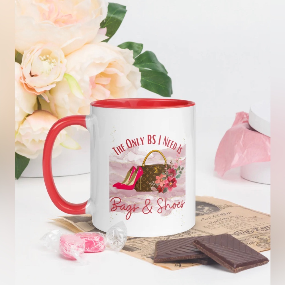 Custom RED Graphic Drinkware “The Only BS I Need Is Bags & Shoes” mug